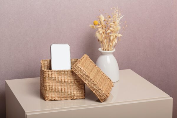 Smartphone is in separate wicker box on table